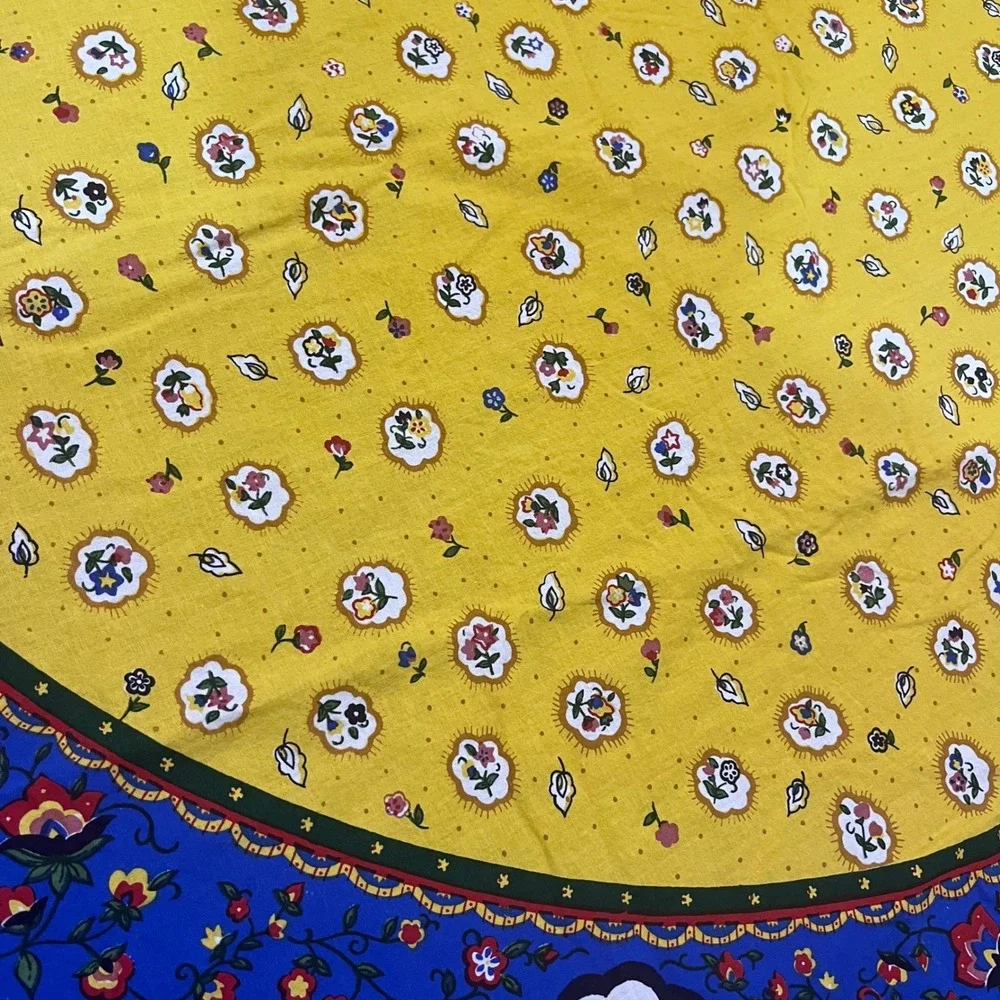 Vtg French Country Rooster Floral Oblong Tablecloth Yellow Blue Green 62x80